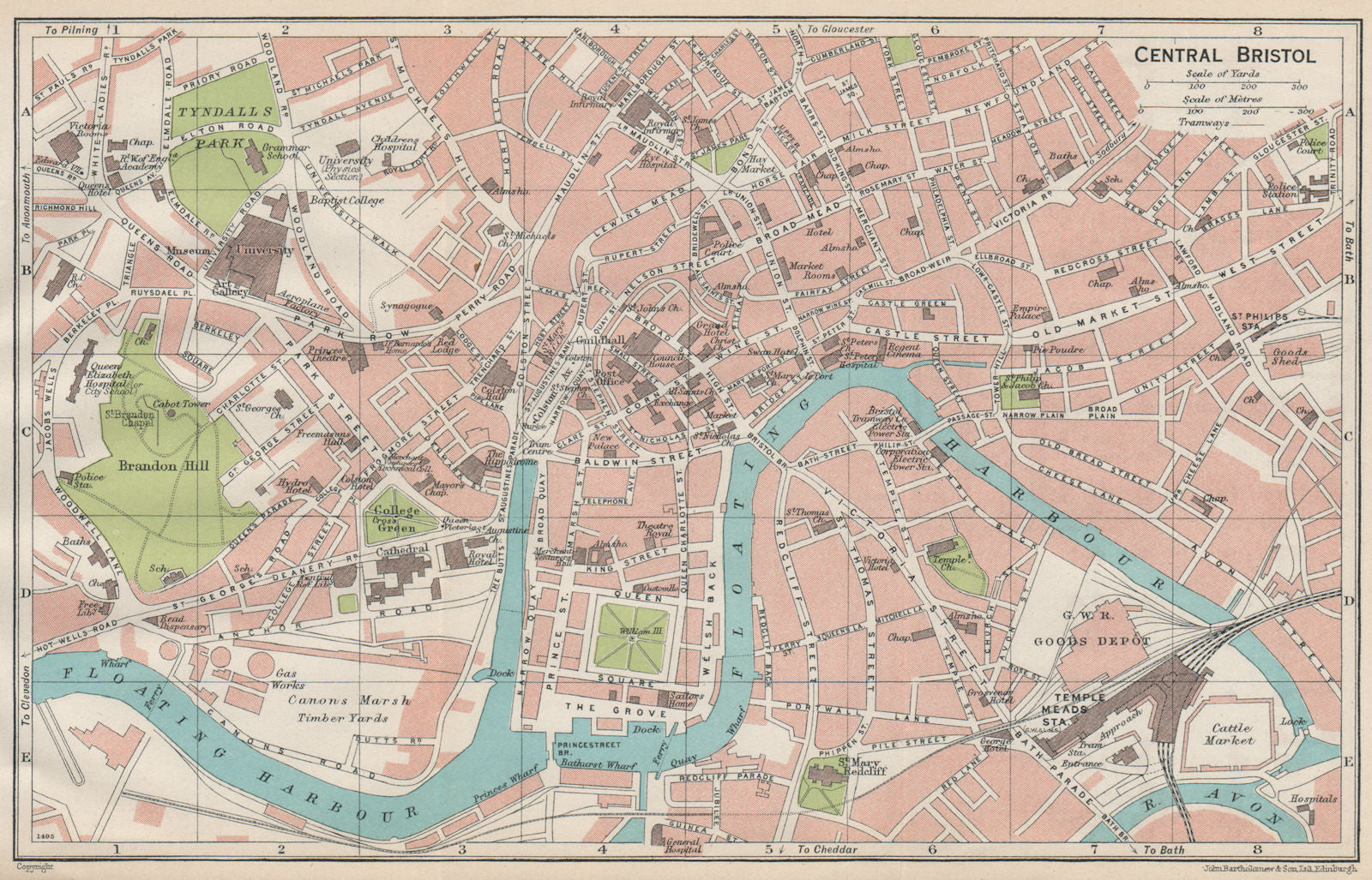 CENTRAL BRISTOL. Vintage town city map plan. Gloucestershire 1930 old